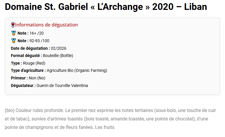 The score added to Vert de Vin Website for L'archange 2020